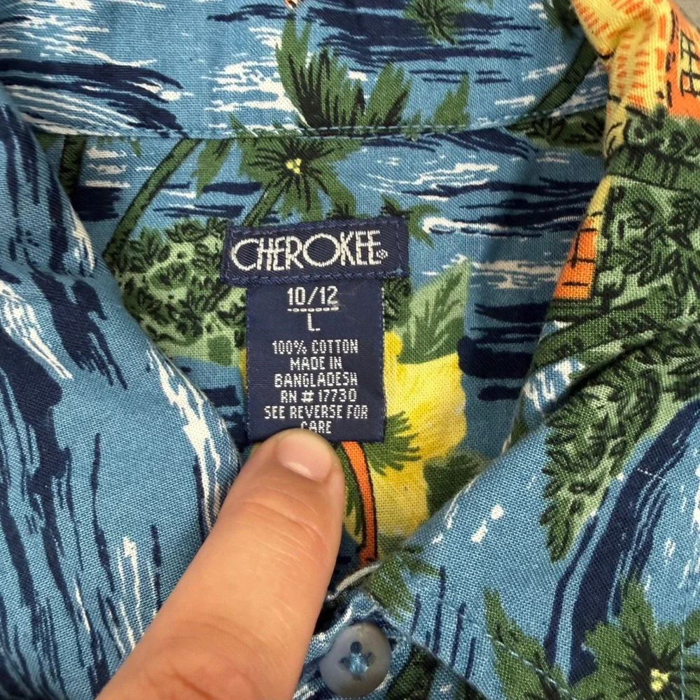 Vintage Cherokee Hawaiian Shirt Ocean Palm Trees Hibiscus Cotton‎ Boys L 10/12